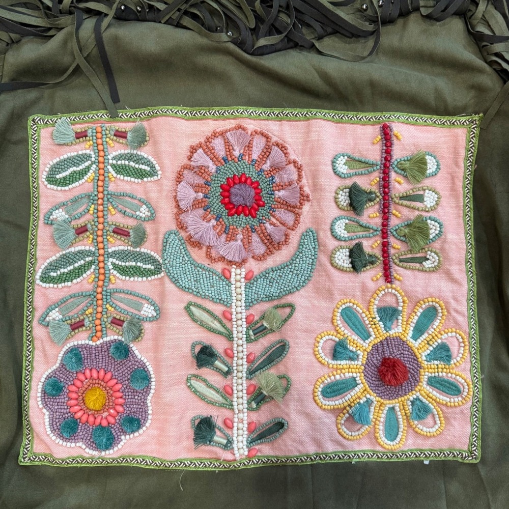 Lesal Upcycled Fringe Jacket Olive Green Beaded Floral Western Boho - Picture 10 of 12